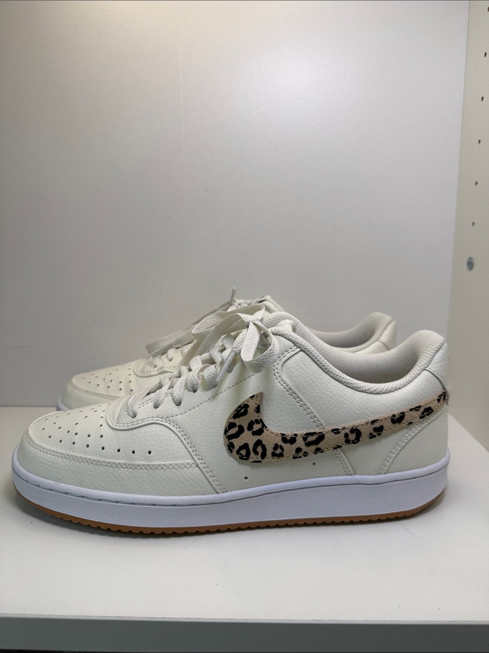 Nike Court Vision - White Leather with Leopard Swoosh - Size 10